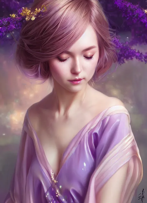 Prompt: dreamlike luxury stunning gorgeous woman fairy portrait, pale purple and gold kimono, art by artgerm, wlop, loish, ilya kuvshinov, 8 k hyperrealistic, hyperdetailed, beautiful lighting, detailed background, depth of field, symmetrical face, frostbite 3 engine, cryengine,