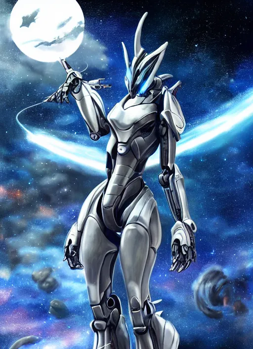 Image similar to cinematic shot, cosmic sized perfectly proportioned stunning beautiful anthropomorphic robot mecha female dragon, space background, larger than galaxies, holding milky way in sharp claws, sleek silver armor, epic proportions, epic size, epic scale, ultra detailed digital art, furry art, macro art, dragon art, giantess art, warframe fanart, furaffinity, deviantart