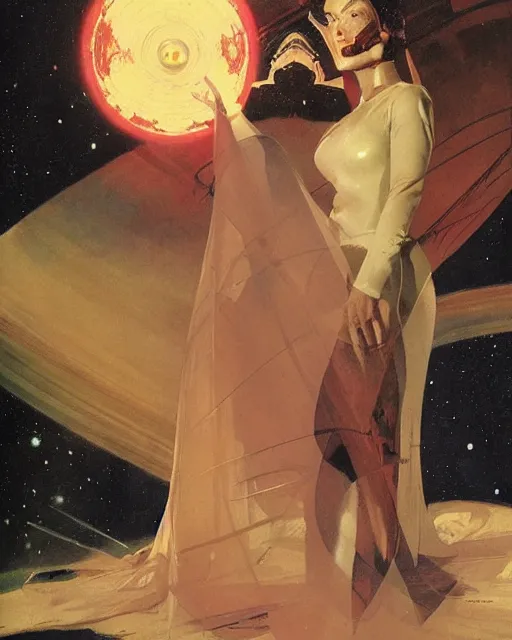 Image similar to head portrait of elegant striking mature space woman in futuristic robe, dynamic, by norman rockwell, roberto ferri, daniel gerhartz, edd cartier, jack kirby, howard v brown, ruan jia, tom lovell, frank r paul, dean cornwell, astounding stories, amazing, fantasy, other worlds