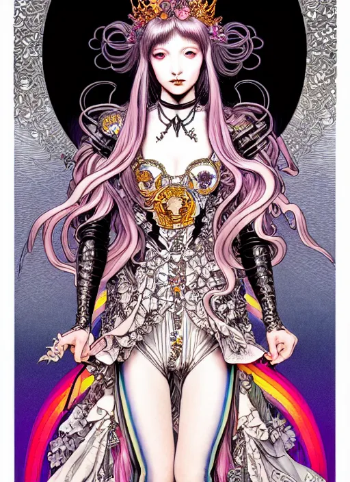 Image similar to highly detailed artgerm terada katsuya artstation ayami kojima manga poster of princess mechine, rainbow gradient reflection, long hair, armor, dress, laces, ruffles, 8 k, maximalist,, jump comics, tomer hanuka, alphonse mucha