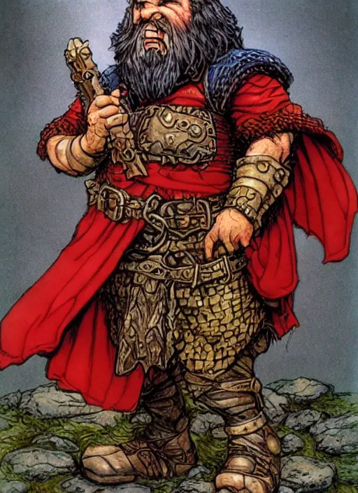 Image similar to full body of a dwarf sorcerer, beautiful! coherent! dungeons and dragons character, by larry elmore, gerald brom, ralph horsley, wayne reynolds, strong line, deep color, chainmail, short red hair, high contrast