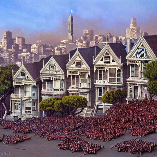 Image similar to painted ladies in san francisco swarmed by an army of zombies. painting by michael walen and bruce pennington.