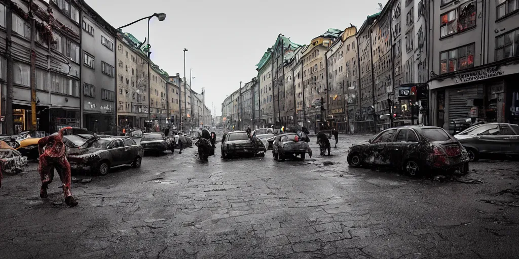 Prompt: Hordes of Zombies in Stockholm, Sweden, Intersection, Storefront, alleyway, city street lights, abandoned cars, smoke, umbrella, convenience store, dusk sky, city street, zombies exiting store, zombies getting groceries, hilly road, Swedish writing, looking down street, raining, smoking outside, wet road, wet street, very high quality photography, dusk, cinematic.