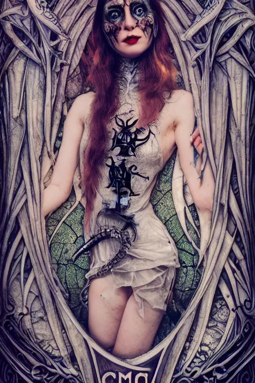 Image similar to Cinestill 50d, 8K, highly detailed, major arcana H.R Giger art nouveau nightmare Agnieszka Lorek tarot star card style 3/4 closeup portrait, eye contact, focus on model, tilt shift background: famous major arcana tarot remake, transformation scene