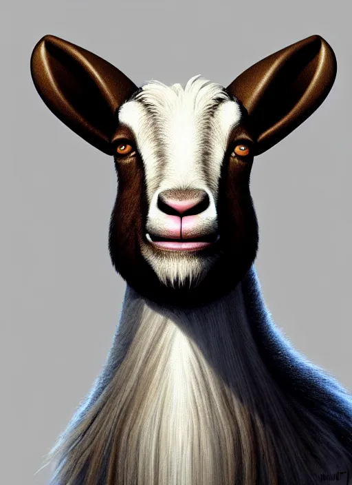 Image similar to anthropomorphic portrait of will smith as a goat, au naturel, hyper detailed, digital art, trending in artstation, cinematic lighting, studio quality, smooth render, unreal engine 5 rendered, octane rendered, art style by klimt and nixeu and ian sprigger and wlop and krenz cushart