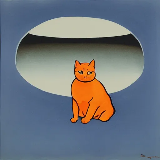 Image similar to a painting of an orange cat looking profoundly into the eyes of the beholder, a gouache by rene magritte, flickr, vorticism, soviet propaganda, 1 9 7 0 s