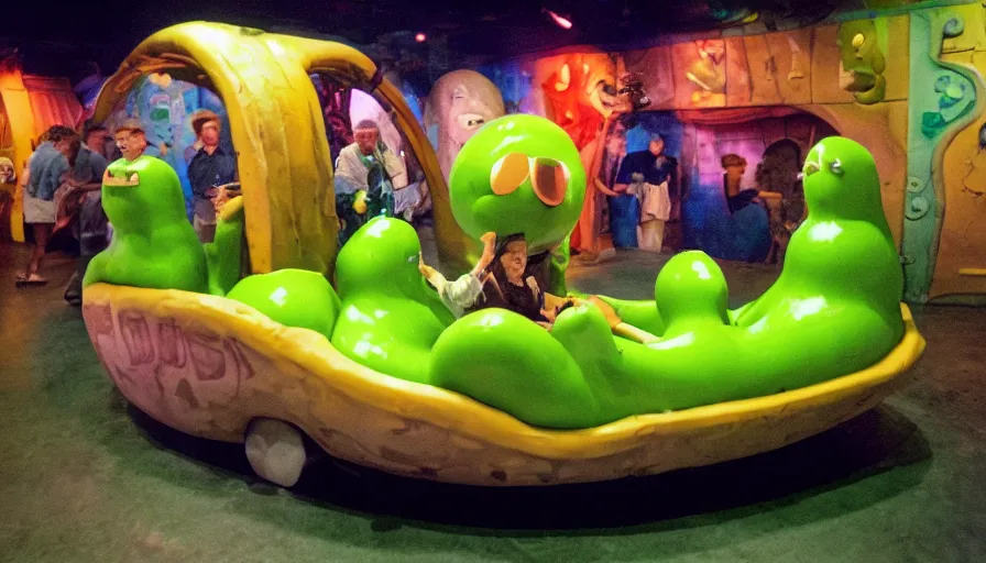 Prompt: 1990s photo of inside the Slime Friends Dangerous Potato Show ride at Universal Studios in Orlando, Florida, riding a face car through a dinner plate planet, cinematic, UHD