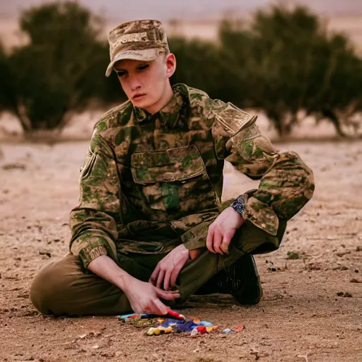 Image similar to portrait of a man wearing camuflage, army clothing, he ‘ s sitting in the desert eating some delicious crayons, beautiful composition, 5 0 mm f 1. 8, ambient light