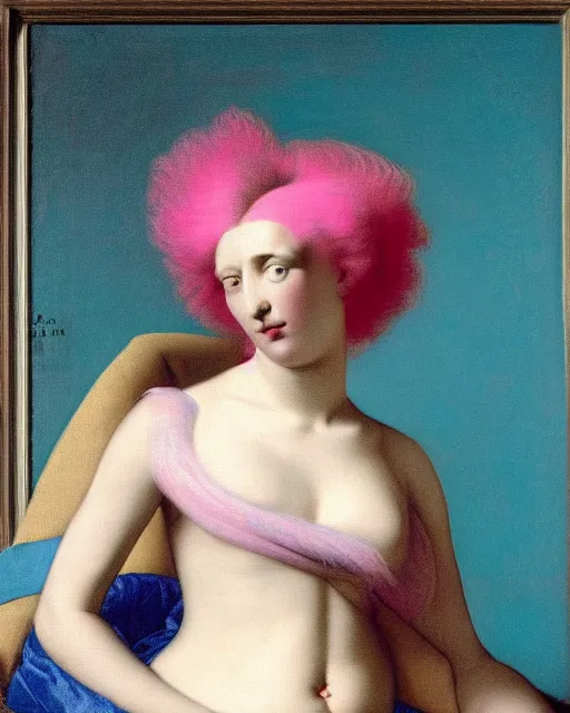 Image similar to woman with pink hair, wearing a neon blue dress by Vivienne Westwood, intricate details, masterpiece, in the style of Jean Auguste Dominique Ingres, black background