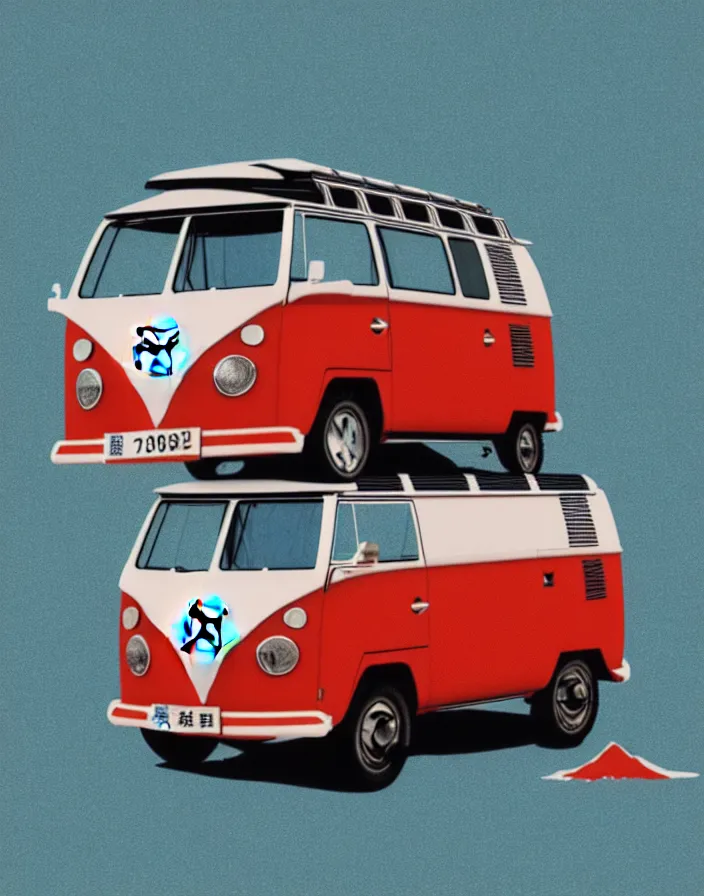 Prompt: front view vw camper touring rural japan, a collage painting, in the style of wes anderson, lola dupre, david hockney, isolated on negative white space background dark monochrome fluorescent spraypaint accents volumetric octane render