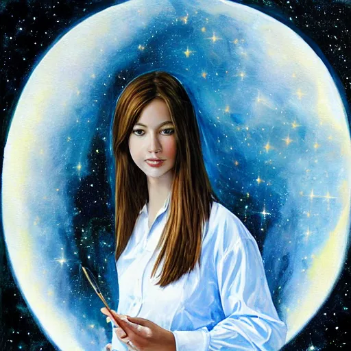 Image similar to painting, girl with beautiful face in white shirt, vast spaces, cosmic background