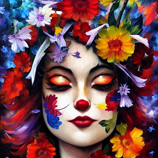 Prompt: flower clown by arthur adams, charlie bowater, leonid afremov, chiho ashima, karol bak, david bates, tom chambers