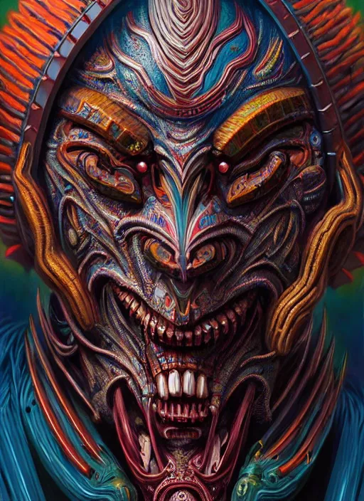 Image similar to hyper detailed ultra sharp of a aztec biomechanical warrior trance man. trending on artstation, demon paint aesthetic, hellwave, colorful, psychedelic, ornate, intricate, digital painting, concept art, smooth, sharp focus, illustration, art by artgerm and greg rutkowski and h. r. giger, 8 k