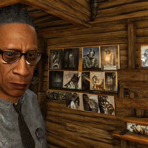 Image similar to gus fring visits whiterun, skyrim, highly detailed, realistic, elder scrolls, adventuring gear, business suit