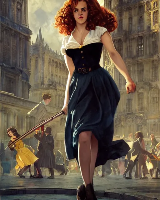 Image similar to pinup photo of hermione granger by emma watson in the crowded square of the city, by greg rutkowski, gil elvgren, enoch bolles, kezie demessance, glossy skin, pearlescent, very coherent, very detailed