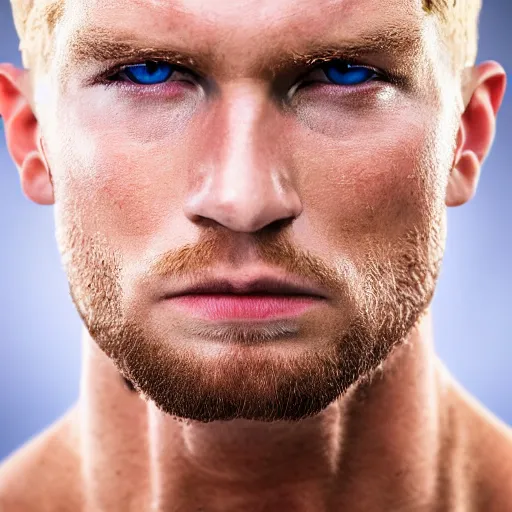 Image similar to photo of a close portrait of a handsome bodybuilder with blonde hair and blue eyes, studio lightning, 4 k, highly detailled