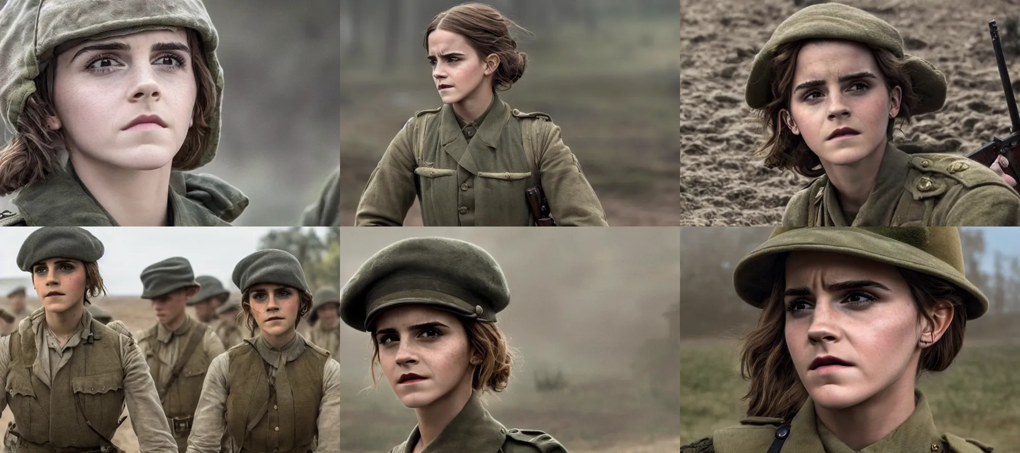 Prompt: promotional image of Emma Watson as an army soldier in 1917 (2019 film), detailed face, movie still, promotional image, imax 70 mm footage