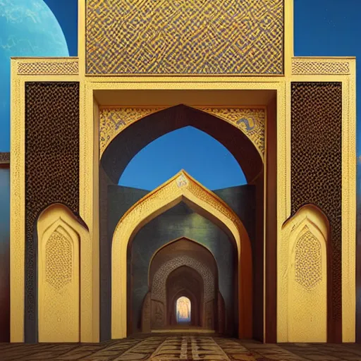 Image similar to art nouveau gate leading into Moroccan Samarkand mosque with Nabatean geometric decorations, science fiction concept art by greg rutkowski and wayne barlowe and alphonse mucha