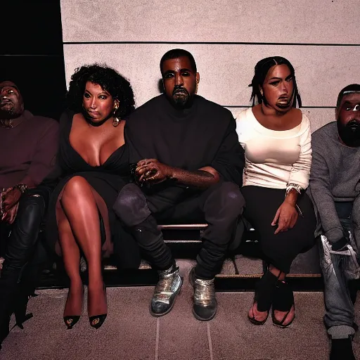 Prompt: A listening party for Kanye West's upcoming album Donda 4, cinematic lighting, dark, moody