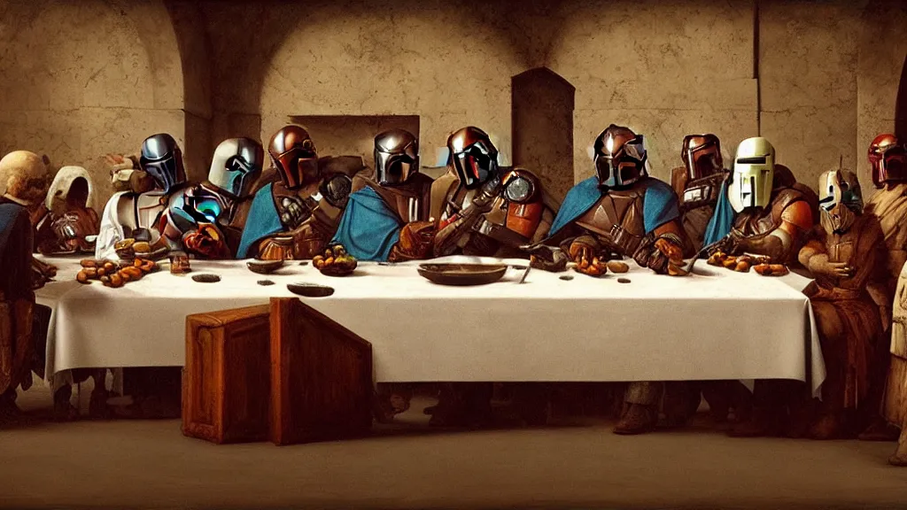 Image similar to mandalorian last supper, by leonardo davinci, concept art, oil painting, art station, dynamic lighting, highly detailed, very detailed, 4 k