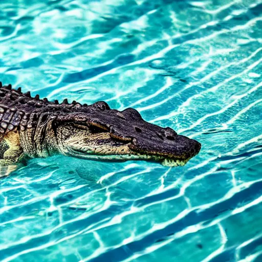 Prompt: A high quality photo of an alligator in a pool, 4k, detailed, sharp focus, focus on the alligator