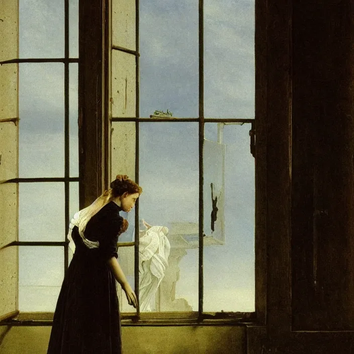 Prompt: painting of a broken window with a beautiful white woman on the outside by caspar david friedrich