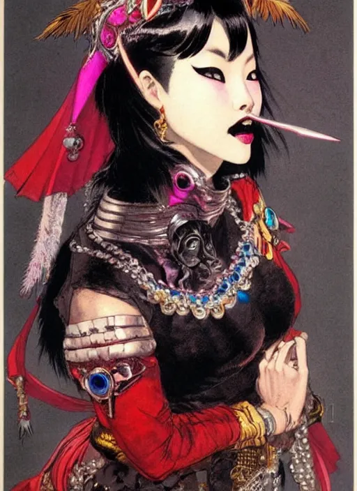 Image similar to female korean vampiress, jeweled headdress, heavy mascara, strong line, saturated color, beautiful! coherent! by frank frazetta, high contrast, minimalism