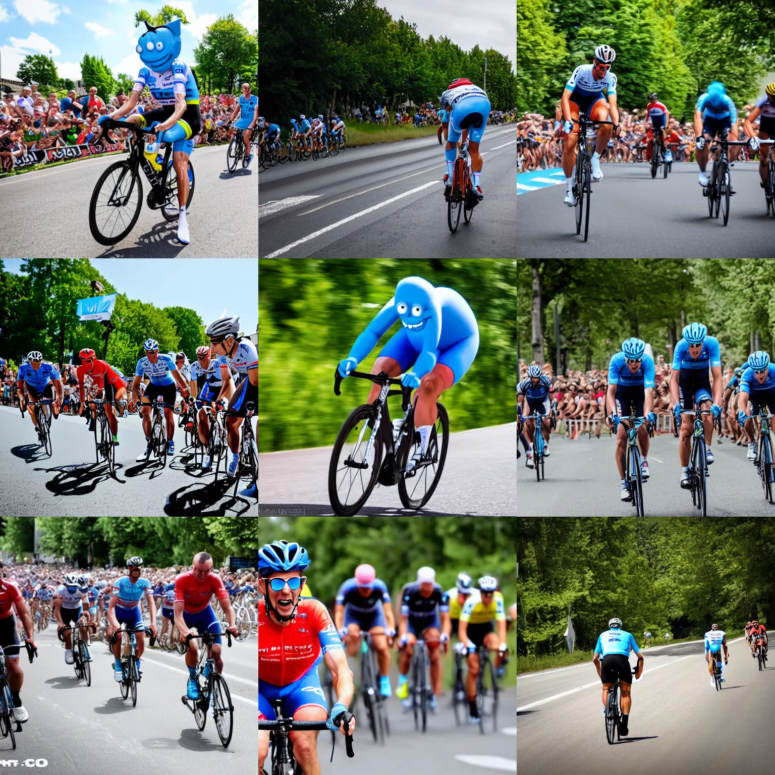 Prompt: mr meseeks riding a bike in the tour de france, action shot, high quality, high resolution