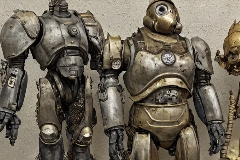 Image similar to photo taken of an epic intricate, ultra detailed, super realistic gritty, hero prop, exquisitely weathered very clunky, bulky fallout 5 power armour suits movie prop replica's in a row in the workshop, created by weta workshop, full body shot, photorealistic, sharp focus, white wall, cold colour temperture, golden ratio