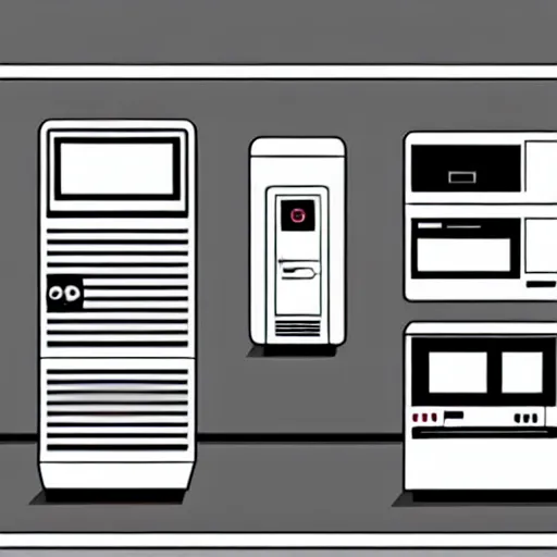 Prompt: a hallway including an apple lisa, commodore 6 4, ibm pc, nes, playstation 1, nokia 3 3 1 0, iphone and quantum computer, hd, concept art