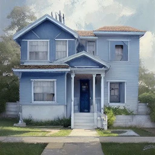 Prompt: a small suburban house, dusty blue. beautiful painting by artgerm and greg rutkowski