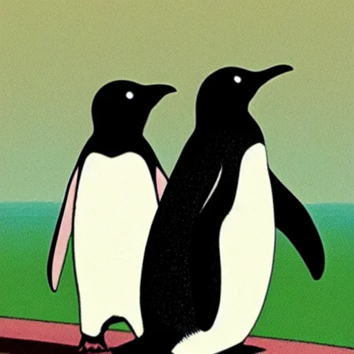 Prompt: an imaginary penguin sitting on a girl's shoulder, still from a studio ghibli film