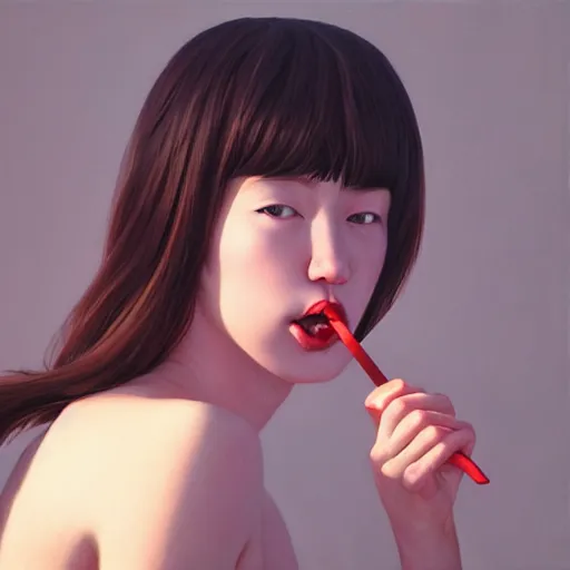 Image similar to oil painting by ilya kuvshinov,, baugh casey, rhads, coby whitmore, of a youthful japanese beauty, long hair, popsicle in mouth, outdoors, highly detailed, breathtaking face, studio photography, dawn, intense subsurface scattering, blush, supple look, innocence, intense sunlight