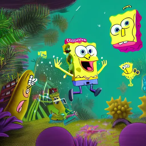 Prompt: SpongeBob SquarePants learning to fly in a jungle, Cyberpunk digital art