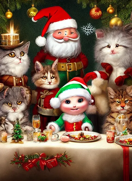 Image similar to highly detailed group closeup portrait of cute fluffy animals having a christmas party banquet in a castle, unreal engine, nicoletta ceccoli, mark ryden, earl norem, lostfish, global illumination, god rays, detailed and intricate environment