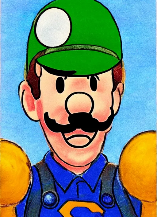 Prompt: Portrait of Super Luigi, illustrated by Bob Ross, very detailed