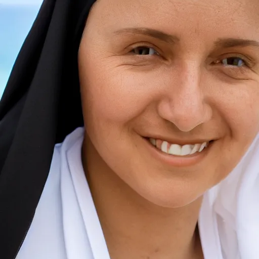 Prompt: photo of beautiful nun at the beach, close up, 8k