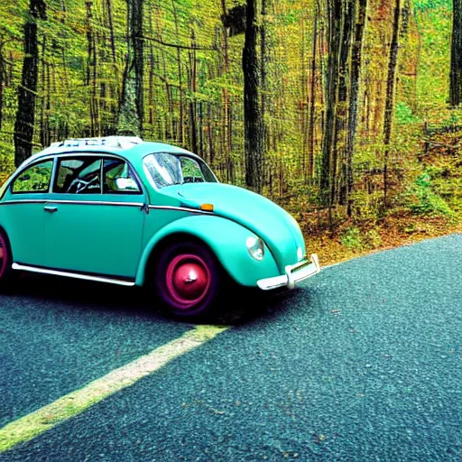 Prompt: promotional scifi - mystery movie scene of a big ladybug ( volkswagen beatle ) hybrid that's more ladybug, racing down a dusty back - road in smokey mountains tennessee. cinematic, 4 k, imax, 7 0 mm, teal autochrome, hdr