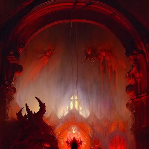 Image similar to a chapel's ceiling is broken in half as a red magical portal from hell opens up there and demons with lucifer start pouring in. highly detailed painting by gaston bussiere, greg rutkowski, craig mullins 8 k