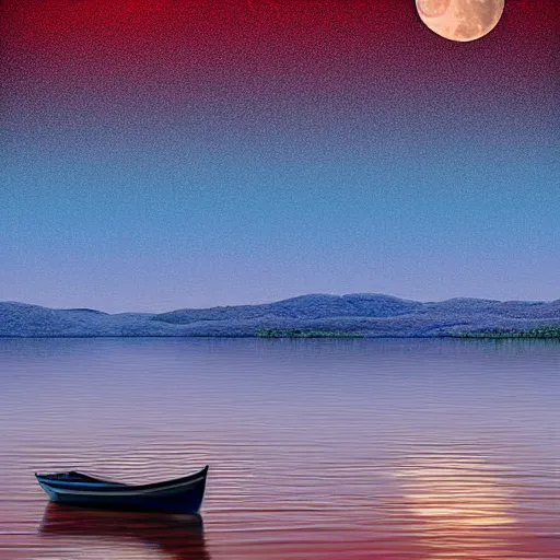 Prompt: A beautiful small boat alone on a lake at twilight with calm waters, the moon shines from above causing light ripples in the water. A small and calm traveller sits in the boat, at peace with himself and the world. A digital art piece designed to spreader unending tranquility. Tranquil dreams of tepid water, a moment frozen in time. Trending on art station, an award winning masterpiece