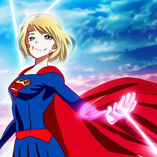 Image similar to anime visual of supergirl, shooting laser from its eyes, official media