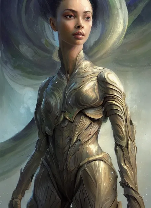 Image similar to a professional painting of a beautiful young female alien, clothed in ethereal armor, olive skin, long dark hair, beautiful bone structure, symmetrical facial features, intricate, elegant, digital painting, concept art, smooth, sharp focus, illustration, from Valerian and the City of a Thousand Planets, by Ruan Jia and Mandy Jurgens and Artgerm and William-Adolphe Bouguerea