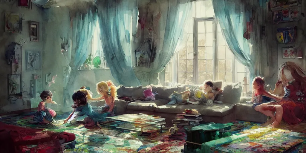 Prompt: a beautiful insanely intricate watercolor illustration of childs playing in a living room, colorfull, by william turner art, by greg rutkowski, by james jean, by rossdraws, by frank franzzeta, by sakimichan, by edmund dulac, trending on artstation, insanely detailed, masterpiece,