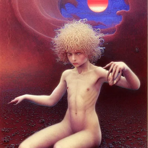 Image similar to cute young vampire tomboy girl with short short short dark hairs on lovecraftian planet by jean delville by luis royo and wayne barlowe, beksinski