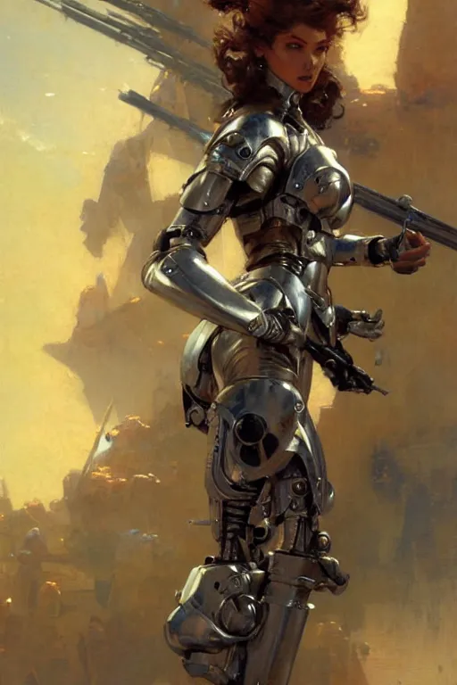 Image similar to futuristic women with medieval armor cyborg fighting dynamic poses, holding a gunsword, detail, beautifull face, no blur, painting by gaston bussiere, craig mullins, greg rutkowski, yoji shinkawa, sorayama