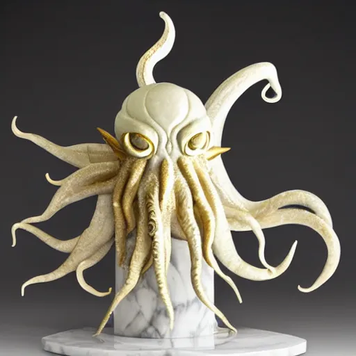 Image similar to cthulhu sculpture, white marble and gold