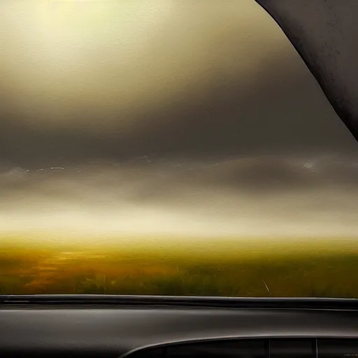 Prompt: window view from a car on a long country road late at night during a storm, heavy fog, extremely detailed oil painting, highly detailed, abstract, deep aesthetic, 8 k, highly ornate intricate details, cinematic lighting, rich colors, digital artwork, beautiful scenic view, ray tracing, hyperrealistic, photorealistic, cinematic landscape, trending on artstation, concept art,