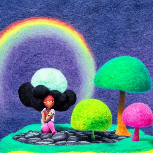 Image similar to a black girl with a colorful afro and big beautiful eyes meditating in a rainbow magic mushroom zen garden, bokeh!!, bright colors, synthwave, watercolor, volumetric wool felting, felt, macro photography, children illustration, by goro fujita