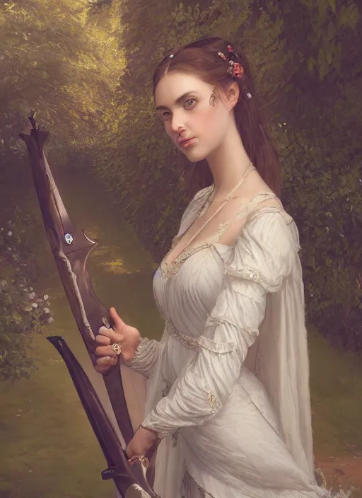 Image similar to upper body portrait of a beautiful maiden in an expensive victorian dress holding a sword and taking a selfie in a royal garden, award winning, masterpiece digital painting by greg rutkowski, alex grey, artstation, 4 k wallpaper,