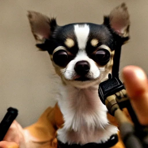 Image similar to chihuahua holding a sniper, cartoon